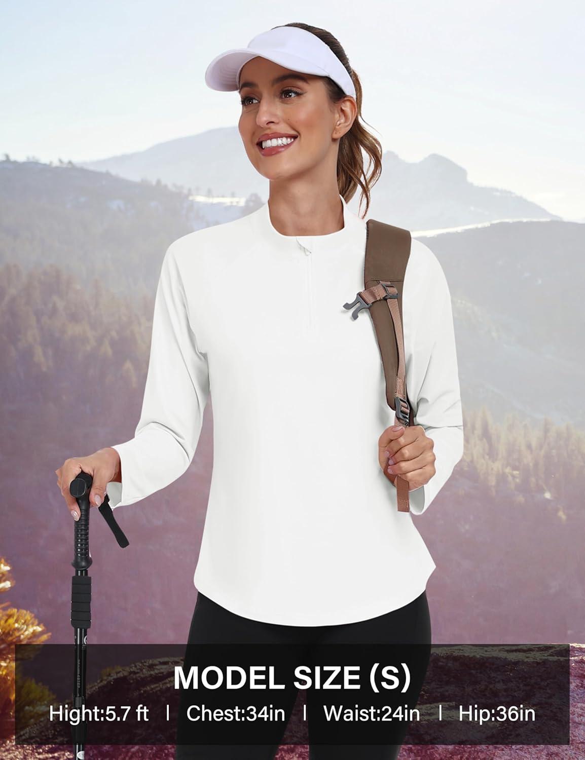 imageMoFiz Womens Long Sleeve Golf Polo Shirt 14 Zip UPF 50 Sun Protection Quick Dry Lightweight Athletic Hiking Running TopsWhite