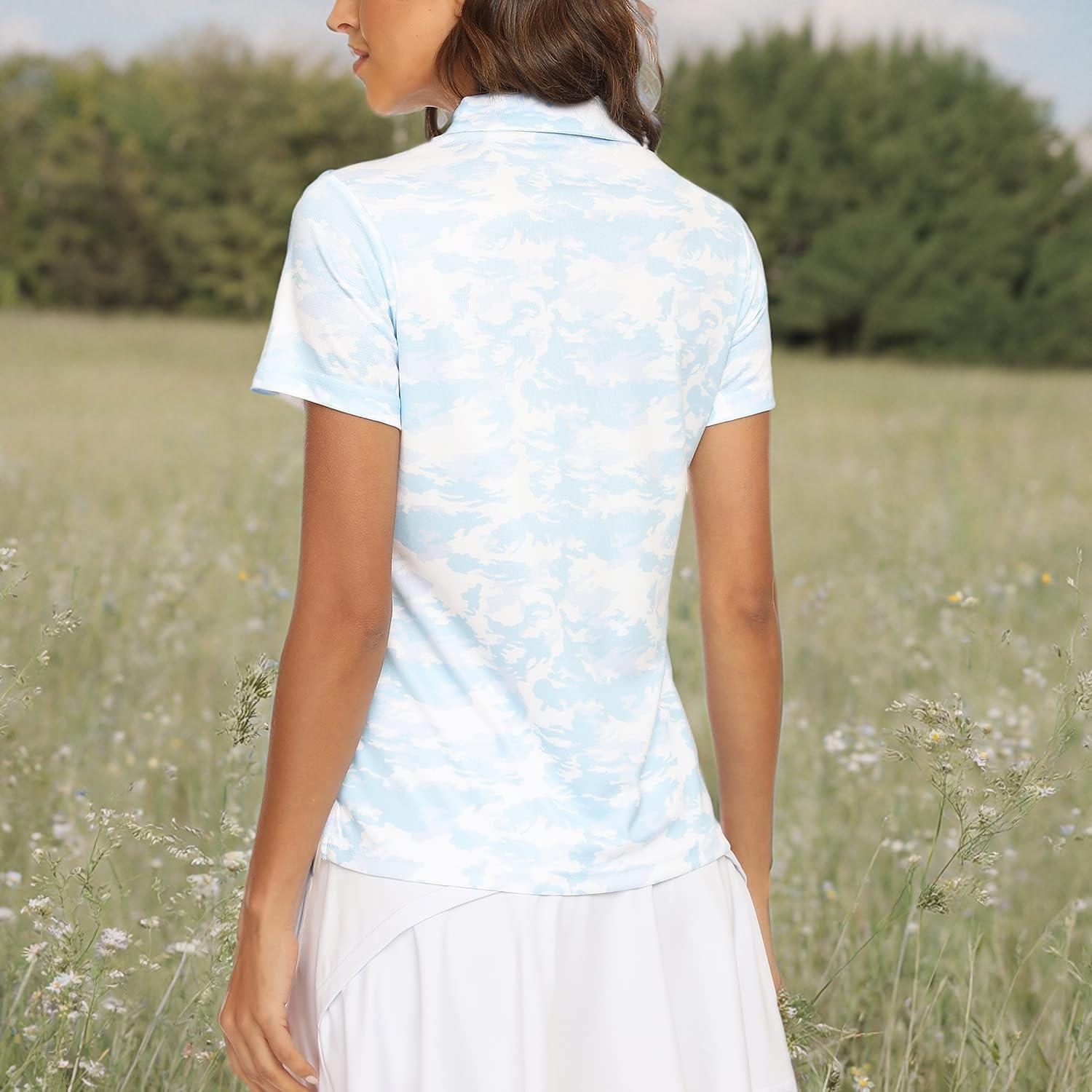 imageMoFiz Womens Short Sleeve Golf Polo Shirts Quick Dry Camo Lightweight UPF 50 Tennis Sports Athletic Tops CasualAcamoblue