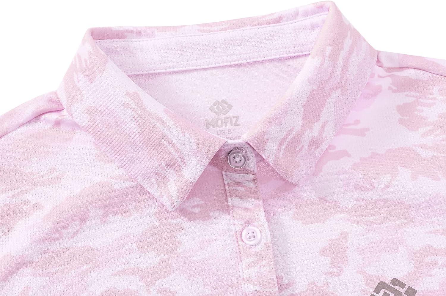 imageMoFiz Womens Short Sleeve Golf Polo Shirts Quick Dry Camo Lightweight UPF 50 Tennis Sports Athletic Tops CasualAcamopink
