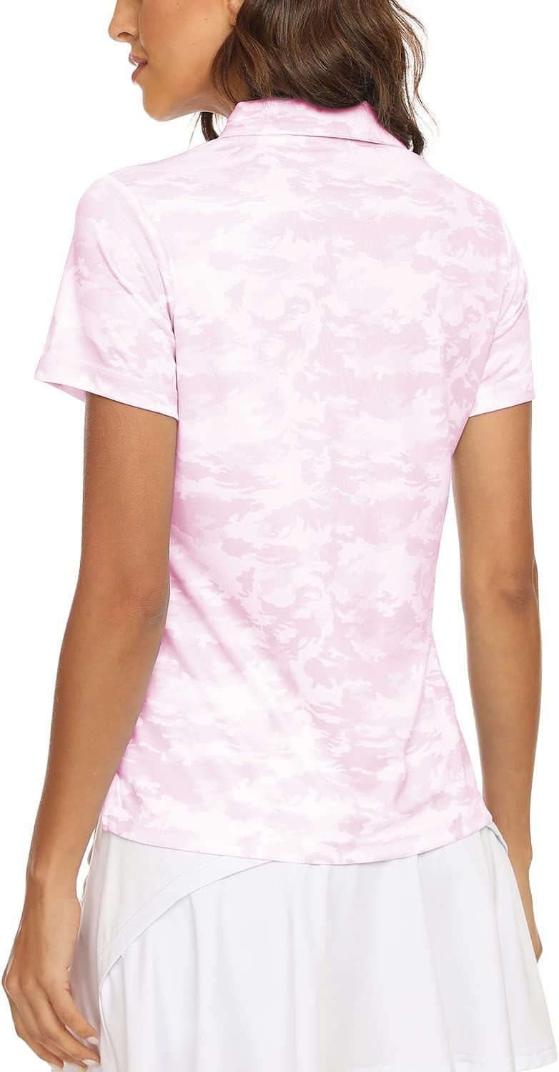 imageMoFiz Womens Short Sleeve Golf Polo Shirts Quick Dry Camo Lightweight UPF 50 Tennis Sports Athletic Tops CasualAcamopink
