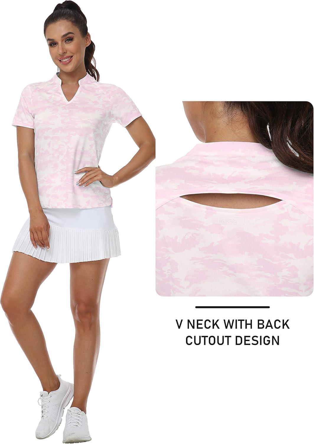 imageMoFiz Womens Short Sleeve Golf Polo Shirts Quick Dry Camo Lightweight UPF 50 Tennis Sports Athletic Tops CasualCamopink