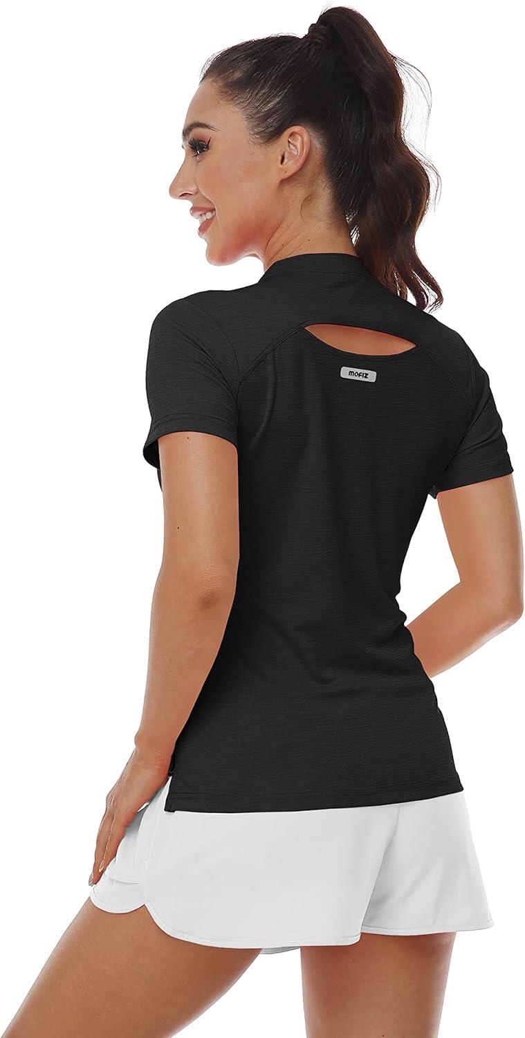 imageMoFiz Womens Short Sleeve Golf Polo Shirts Quick Dry Camo Lightweight UPF 50 Tennis Sports Athletic Tops CasualV Black