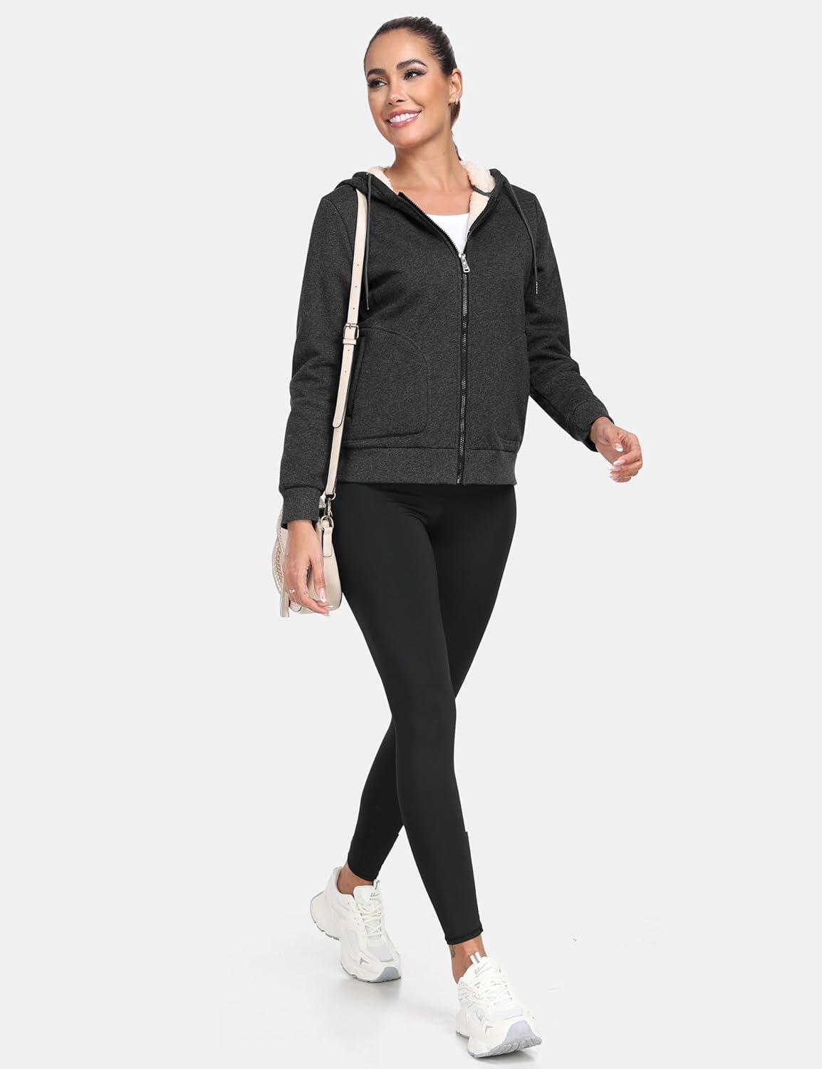 imageMoFiz Zip up Womens Hoodies Winter Fleece Sherpa Lined Sweatshirt Thick Warm Hooded Jacket with Zipper PocketsZgrey