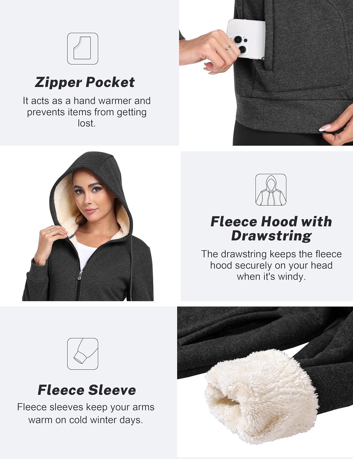imageMoFiz Zip up Womens Hoodies Winter Fleece Sherpa Lined Sweatshirt Thick Warm Hooded Jacket with Zipper PocketsZgrey