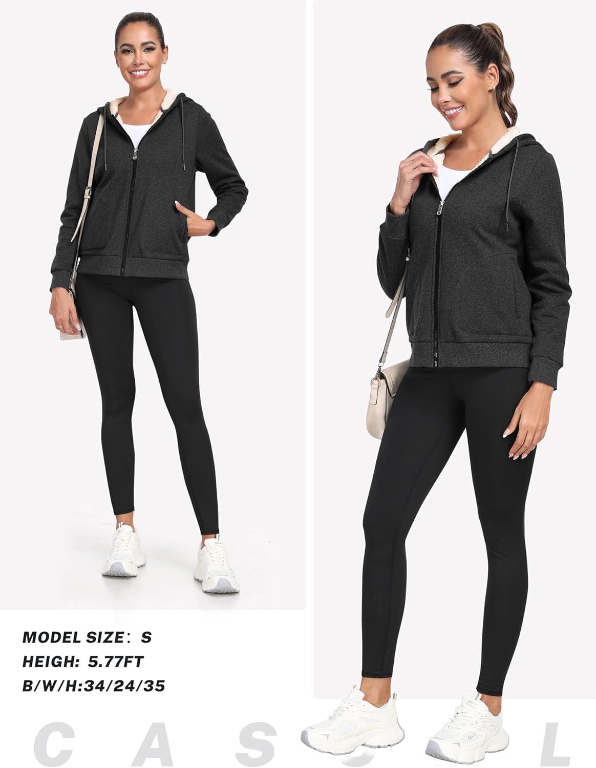 imageMoFiz Zip up Womens Hoodies Winter Fleece Sherpa Lined Sweatshirt Thick Warm Hooded Jacket with Zipper PocketsZgrey