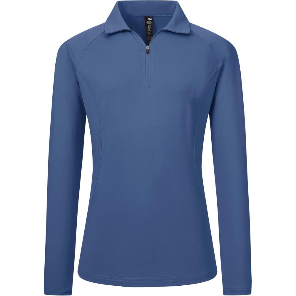 imageAIRIKE Womens Zipper Up Golf Shirts Long Sleeve Polo Shirt Quick Dry Comfy Fleece Tennis Tops2024blue