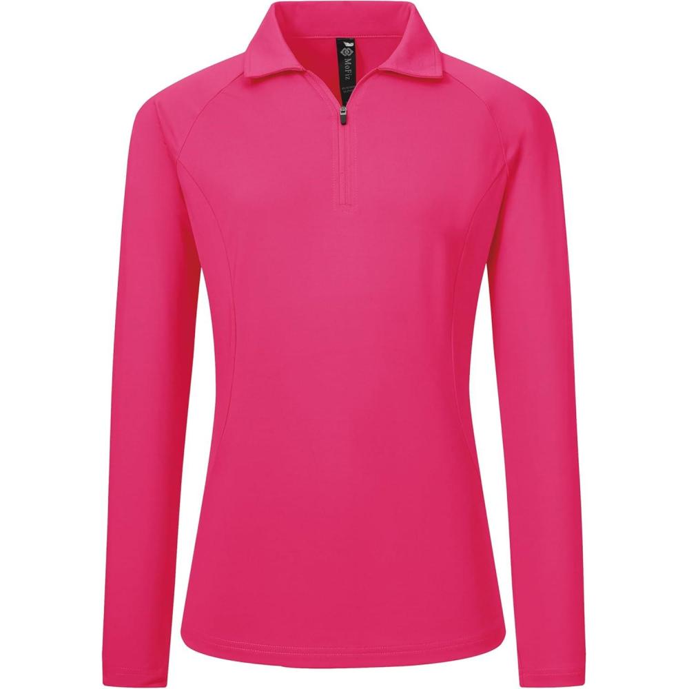 imageAIRIKE Womens Zipper Up Golf Shirts Long Sleeve Polo Shirt Quick Dry Comfy Fleece Tennis Tops2024rose Red