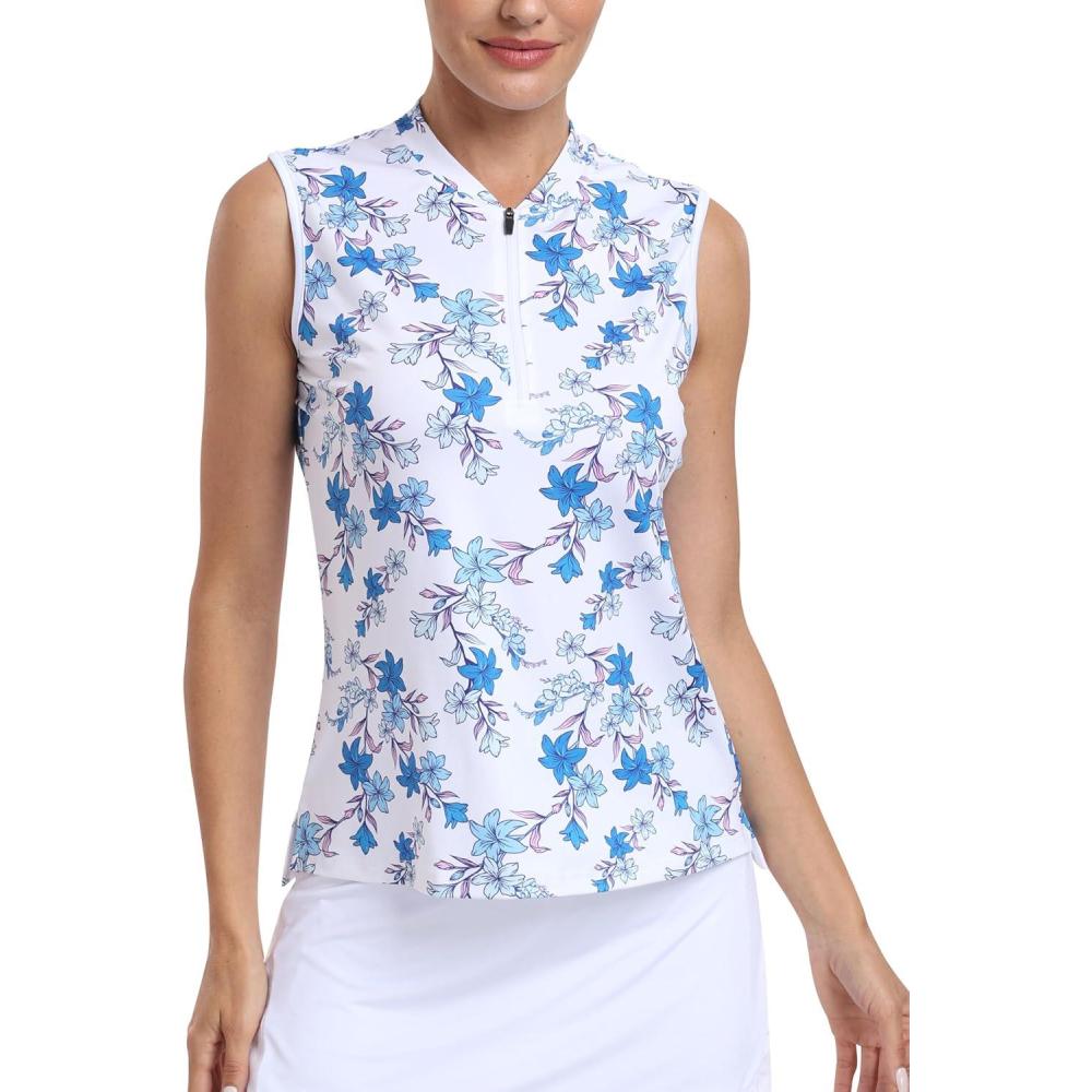 imageGolf Polo Shirts for Women Slim Fit Woman Sleeveless Sports Shirts Quick Dry Athletic Tank Tops for Tennis WorkUpgrade Bluewhite Flowers