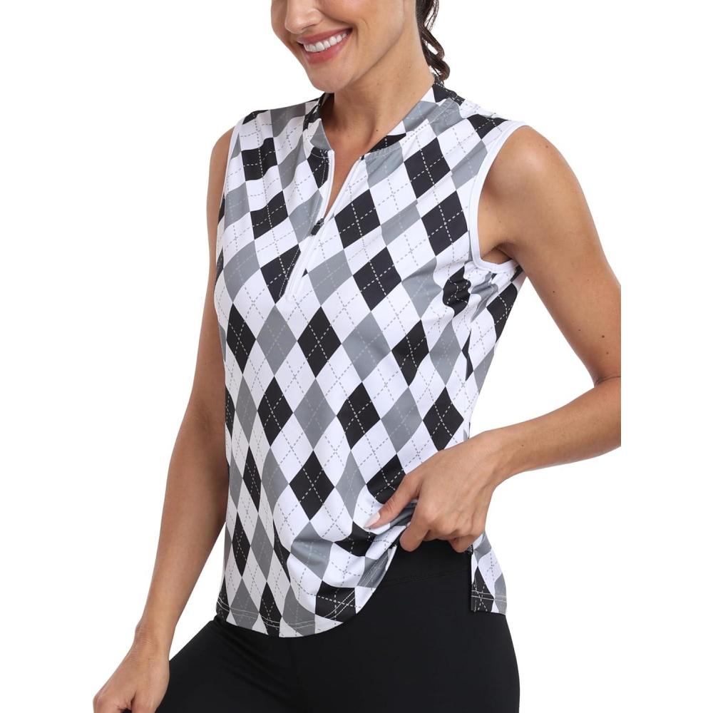 imageGolf Polo Shirts for Women Slim Fit Woman Sleeveless Sports Shirts Quick Dry Athletic Tank Tops for Tennis WorkUpgrade Greyblack Plaid