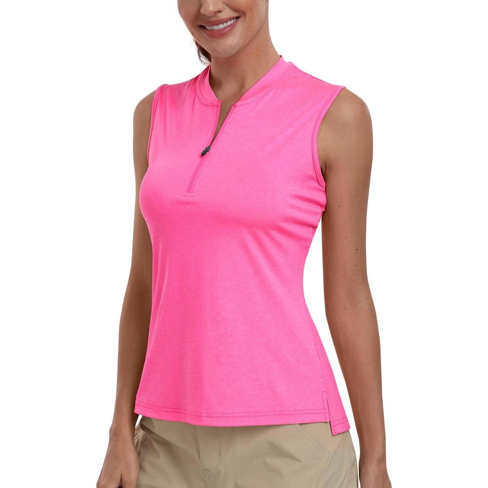 imageGolf Polo Shirts for Women Slim Fit Woman Sleeveless Sports Shirts Quick Dry Athletic Tank Tops for Tennis WorkUpgrade Rose Red