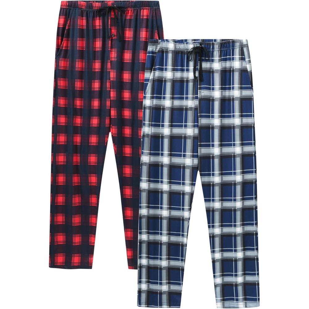 imageJINSHI Mens Pajama Pants Plaid Modal Pajama Bottoms Loose Long Pj Pant Sleepwear Lounge Pants with Pockets 2 PackPlaid B