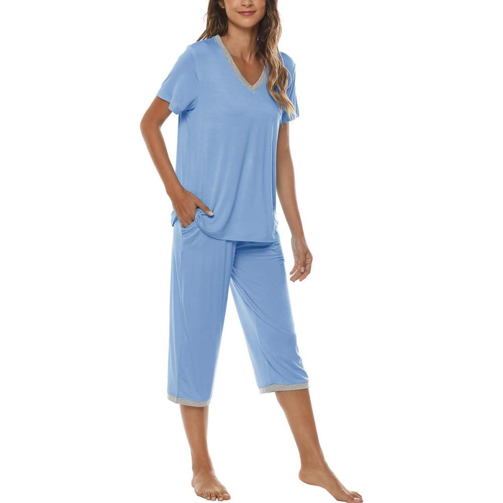 imageJINSHI Womens Pajamas Set Short Sleeve Top and Capri Pants Lightweight Sleepwear Comfy Pjs Lounge Set with PocketsBlue 2