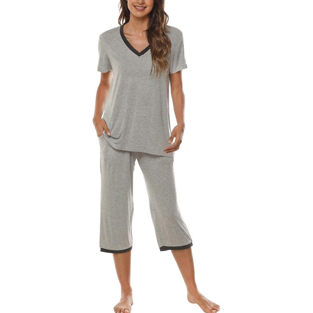 imageJINSHI Womens Pajamas Set Short Sleeve Top and Capri Pants Lightweight Sleepwear Comfy Pjs Lounge Set with PocketsLight Grey