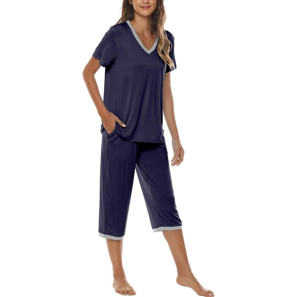 imageJINSHI Womens Pajamas Set Short Sleeve Top and Capri Pants Lightweight Sleepwear Comfy Pjs Lounge Set with PocketsNavy Blue