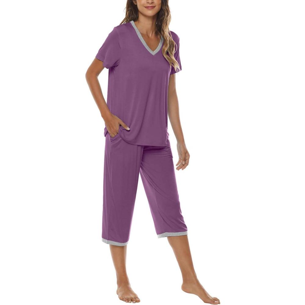 imageJINSHI Womens Pajamas Set Short Sleeve Top and Capri Pants Lightweight Sleepwear Comfy Pjs Lounge Set with PocketsPurple