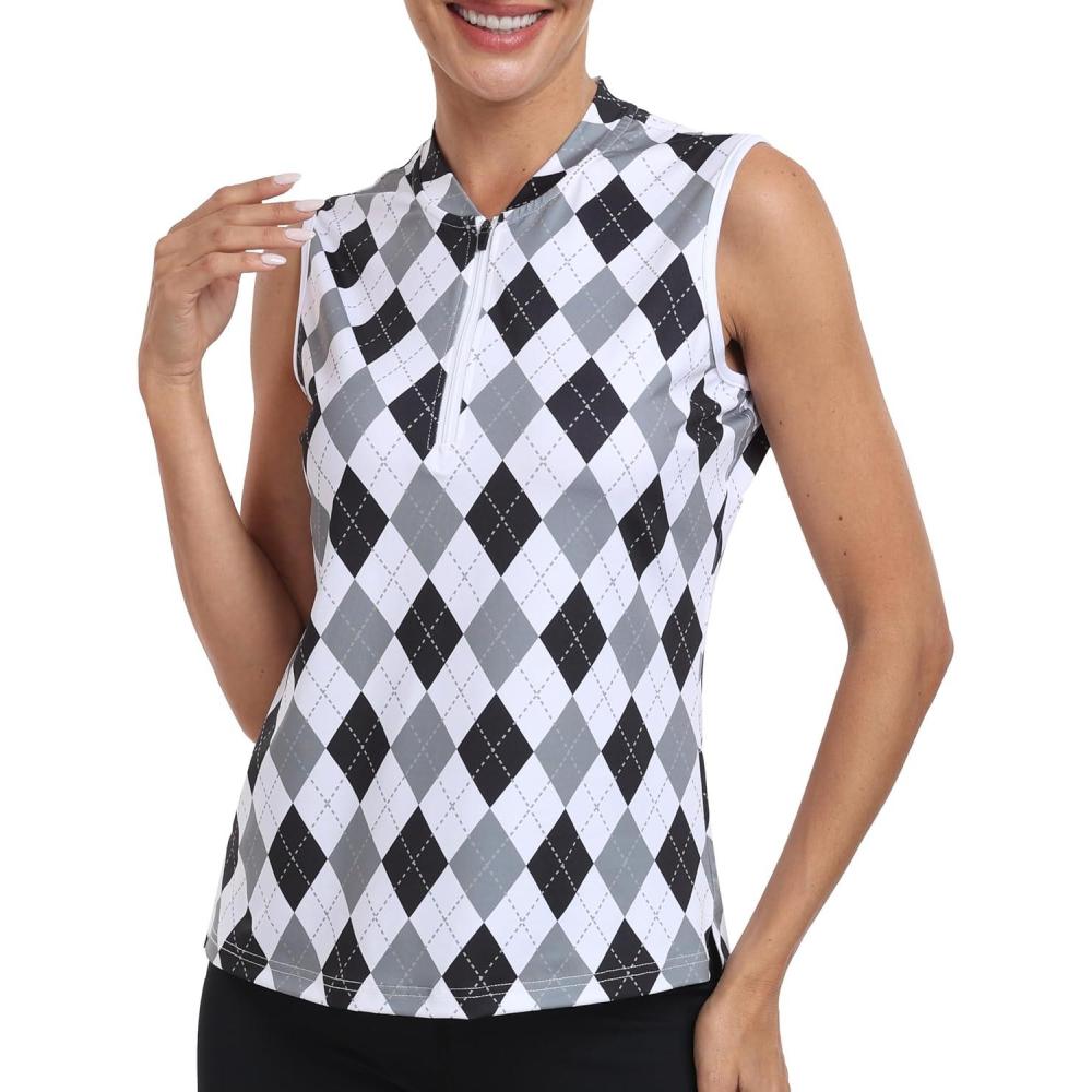 imageJINSHI Womens Sleeveless Golf Shirts Tennis Shirt Quick Dry Pickleball Shirts UPF 50 Sportswear TShirts with ZipperB03gray Black Argyle