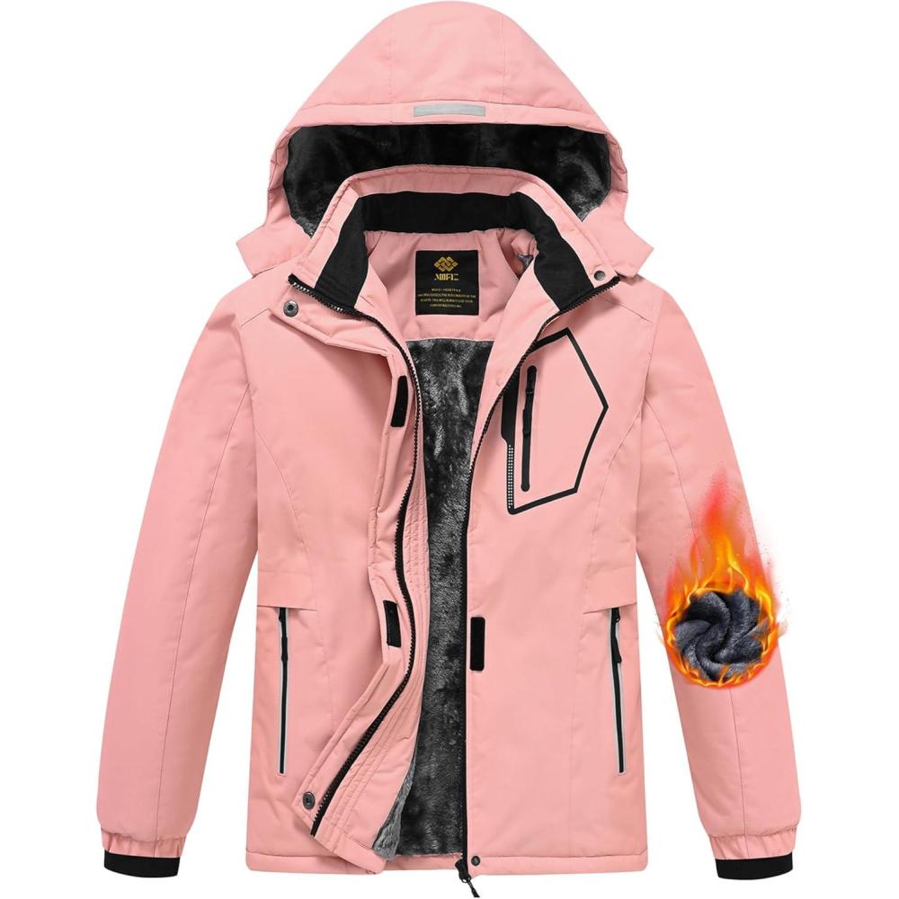 imageMoFiz Girls Ski Jacket Waterproof Fleece Lined Snowboard Jacket Warm Winter Snow Coats with Removable HoodPink