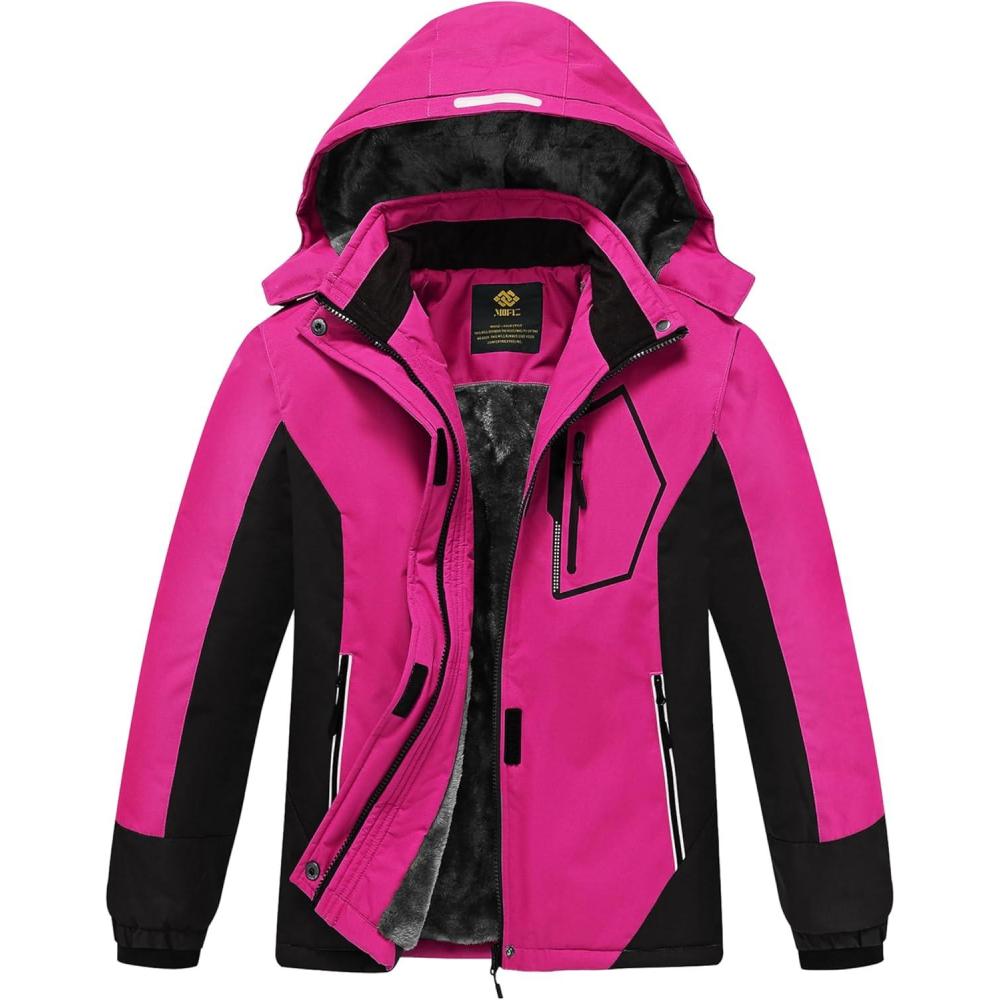 imageMoFiz Girls Ski Jacket Waterproof Fleece Lined Snowboard Jacket Warm Winter Snow Coats with Removable HoodRose Red