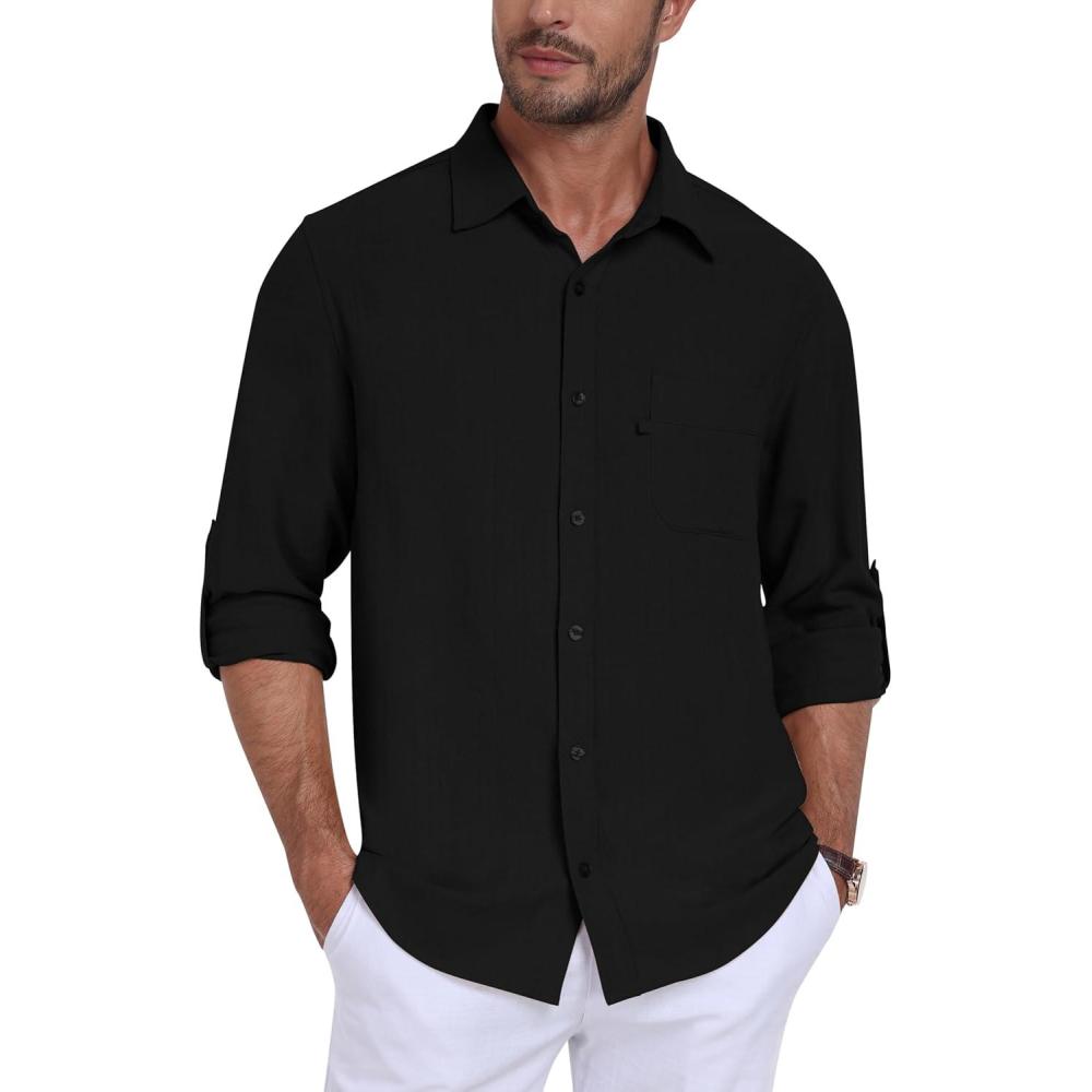 imageMoFiz Mens Button Down Shirts Long Sleeve Casual Linen Shirts with Pockets Beach Vacation Spring ShritsBlack