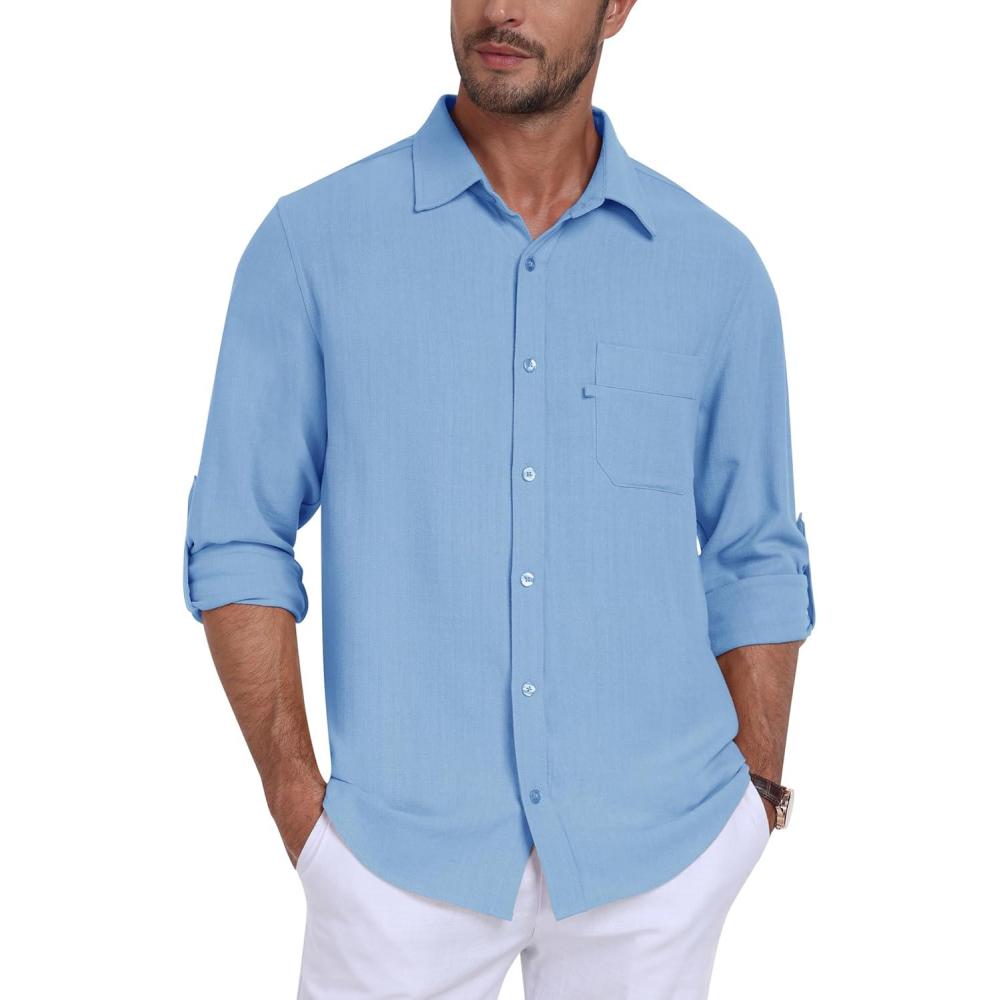 imageMoFiz Mens Button Down Shirts Long Sleeve Casual Linen Shirts with Pockets Beach Vacation Spring ShritsLight Blue