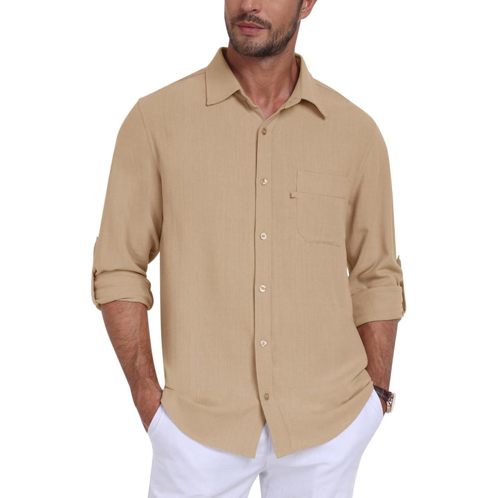 imageMoFiz Mens Button Down Shirts Long Sleeve Casual Linen Shirts with Pockets Beach Vacation Spring ShritsLight Khaki