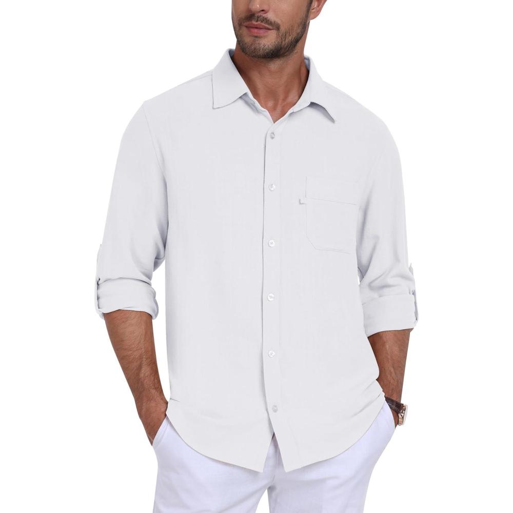 imageMoFiz Mens Button Down Shirts Long Sleeve Casual Linen Shirts with Pockets Beach Vacation Spring ShritsWhite