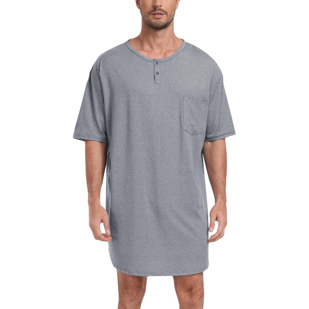 imageMoFiz Mens Nightshirt Soft Pajamas V Neck Short Sleeve Nightgown Loose Sleepwear Nightwear Comfy Sleep Shirt S3XLGrey