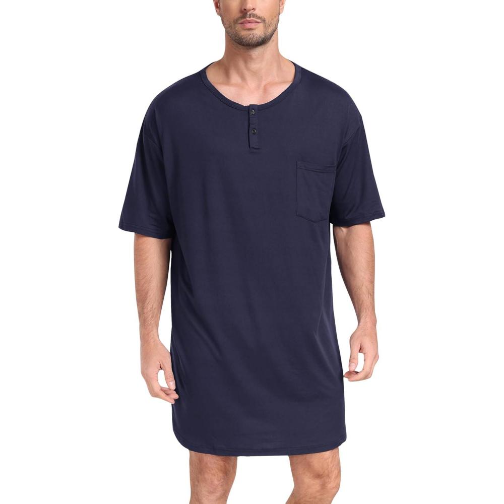 imageMoFiz Mens Nightshirt Soft Pajamas V Neck Short Sleeve Nightgown Loose Sleepwear Nightwear Comfy Sleep Shirt S3XLNavy Blue