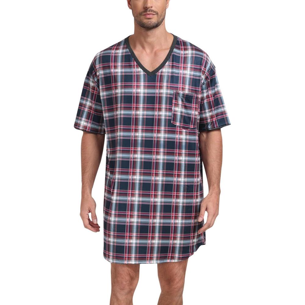 imageMoFiz Mens Nightshirt Soft Pajamas V Neck Short Sleeve Nightgown Loose Sleepwear Nightwear Comfy Sleep Shirt S3XLPlaid57