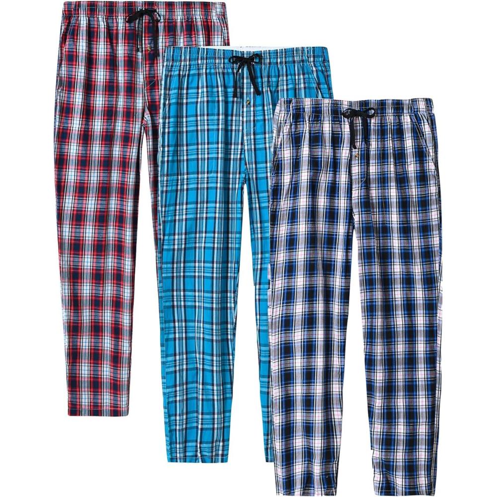 imageMoFiz Mens Pajama Bottoms Cotton 3 Pack Lounge Pants Set with Pockets Drawstring Plaid Pjs Bottoms Sleepwear with Button FlyC3pack Plaid