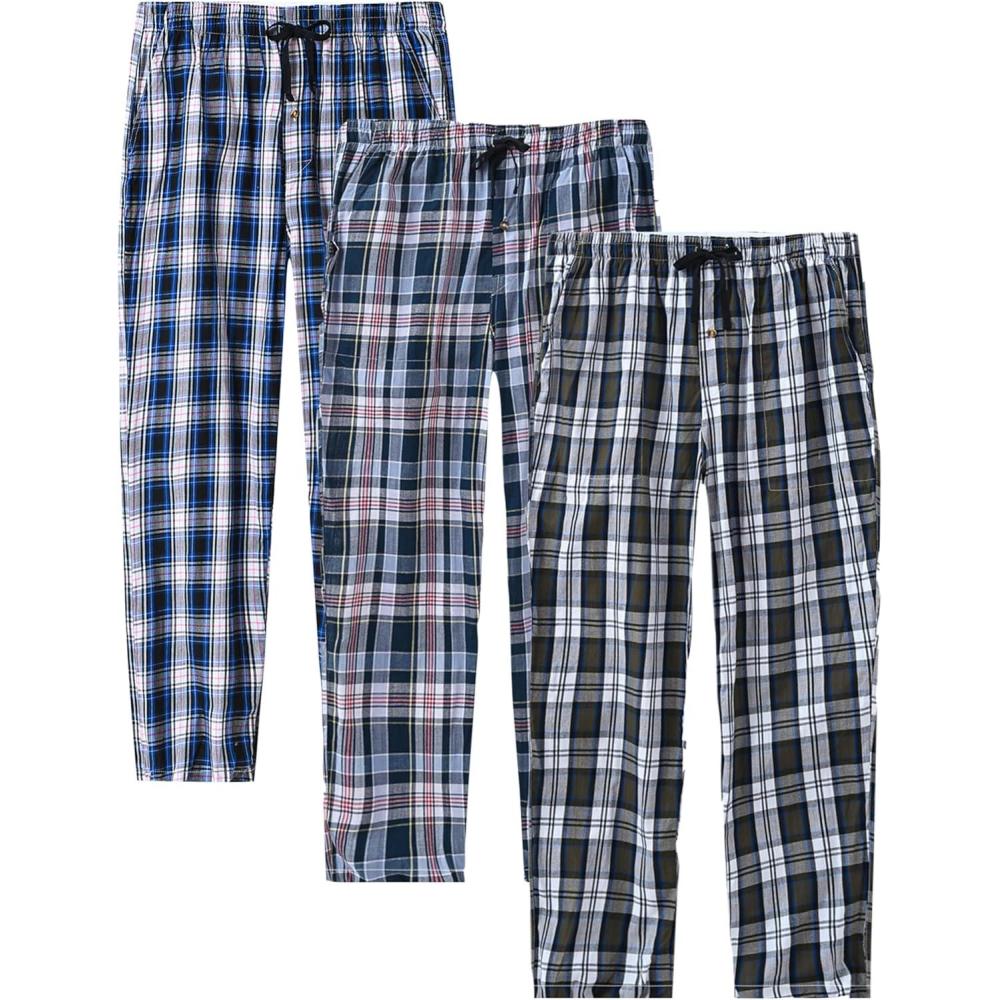 imageMoFiz Mens Pajama Bottoms Cotton 3 Pack Lounge Pants Set with Pockets Drawstring Plaid Pjs Bottoms Sleepwear with Button FlyE3pack Plaid