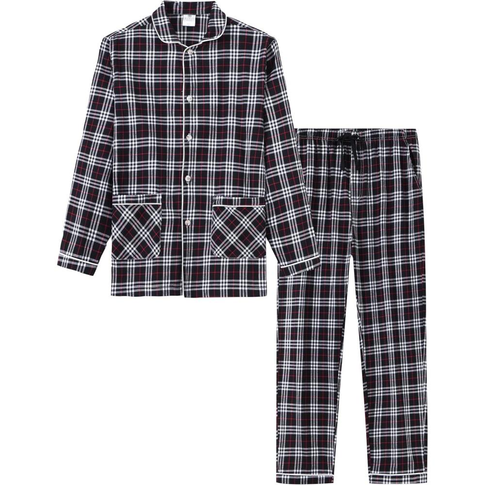 imageMoFiz Mens Pajama Set Soft Cotton Button Down Notched Collar Pjs Long Sleeve 2 Piece Sleepwear Lounge Nightwear with Pocket55plaid