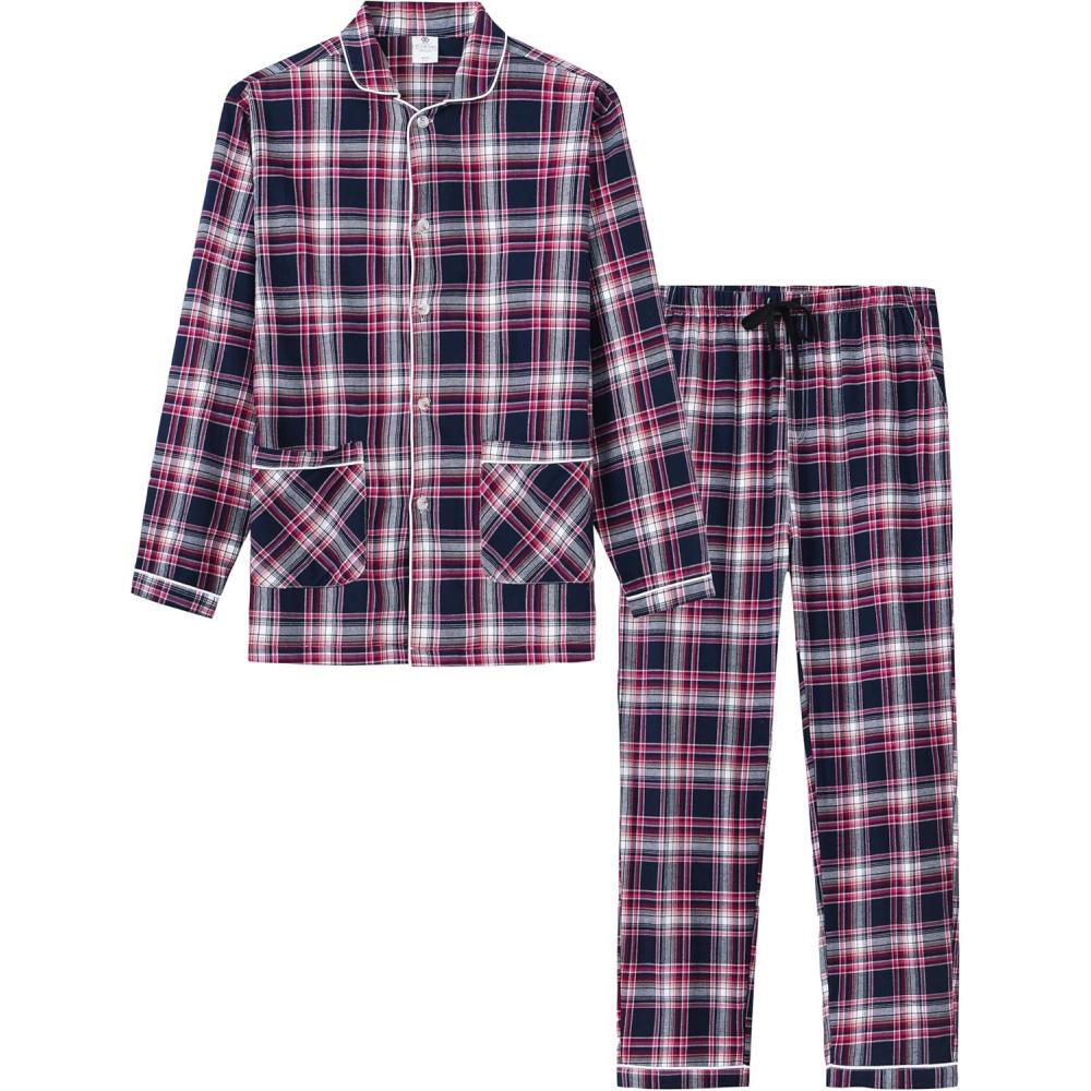 imageMoFiz Mens Pajama Set Soft Cotton Button Down Notched Collar Pjs Long Sleeve 2 Piece Sleepwear Lounge Nightwear with Pocket57plaid
