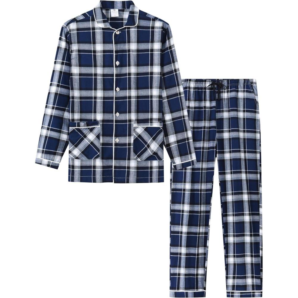 imageMoFiz Mens Pajama Set Soft Cotton Button Down Notched Collar Pjs Long Sleeve 2 Piece Sleepwear Lounge Nightwear with Pocket59plaid
