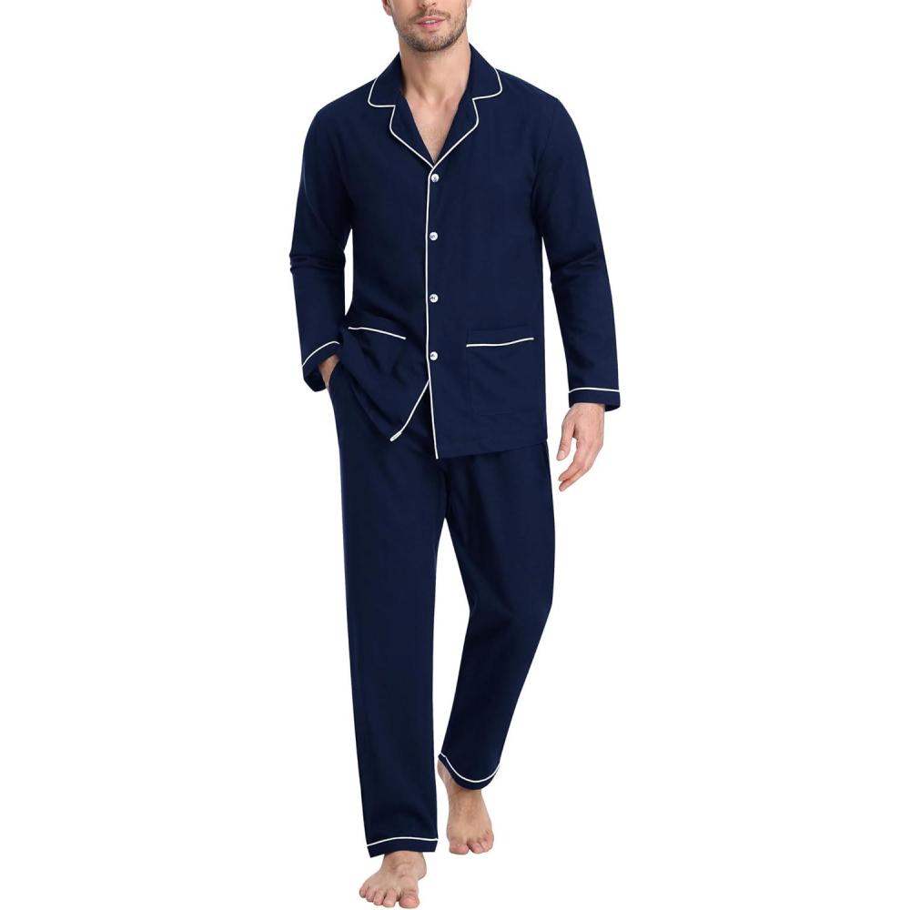 imageMoFiz Mens Pajama Set Soft Cotton Button Down Notched Collar Pjs Long Sleeve 2 Piece Sleepwear Lounge Nightwear with PocketNavy