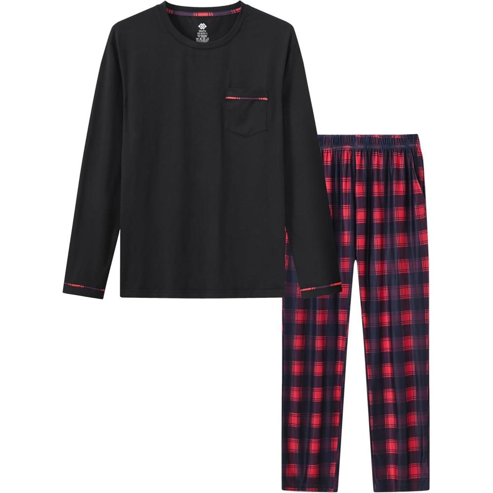 imageMoFiz Mens Pajamas Plaid Sets Sleepwear Sleep Long Sleeve Shirts and Pants Pajama Set Soft Mens Pjs Lounge Set with PocketsStylec