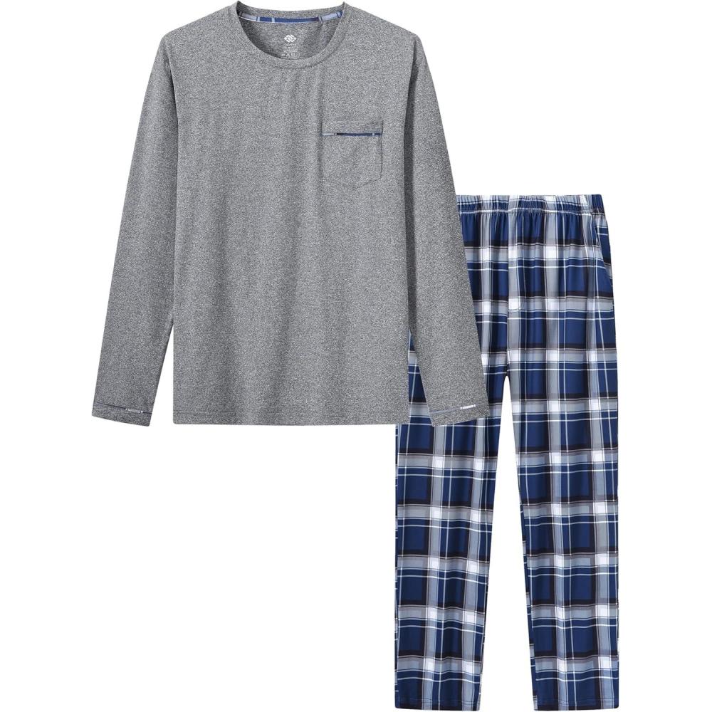 imageMoFiz Mens Pajamas Plaid Sets Sleepwear Sleep Long Sleeve Shirts and Pants Pajama Set Soft Mens Pjs Lounge Set with PocketsStylef