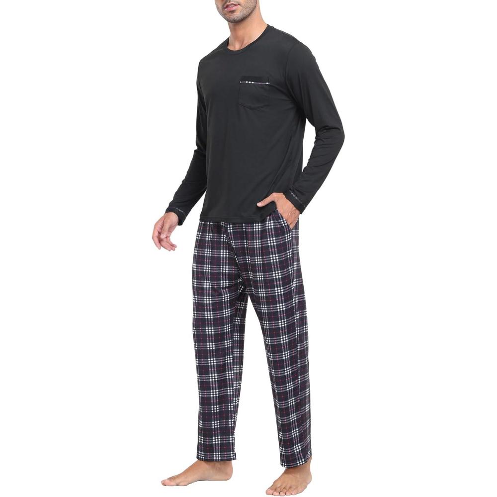 imageMoFiz Mens Plaid Pajama Set Long Sleeve Soft 2Piece Sleepwear with Pockets Cozy PJs ampamp Loungewear for Holiday Christmas55black Plaid