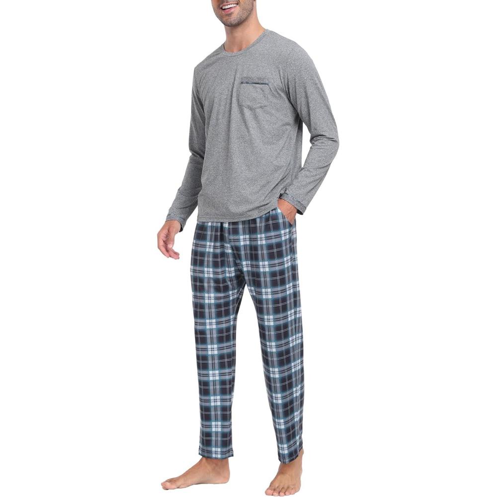 imageMoFiz Mens Plaid Pajama Set Long Sleeve Soft 2Piece Sleepwear with Pockets  Cozy PJs ampamp Loungewear for Holiday Christmas56blue Plaid