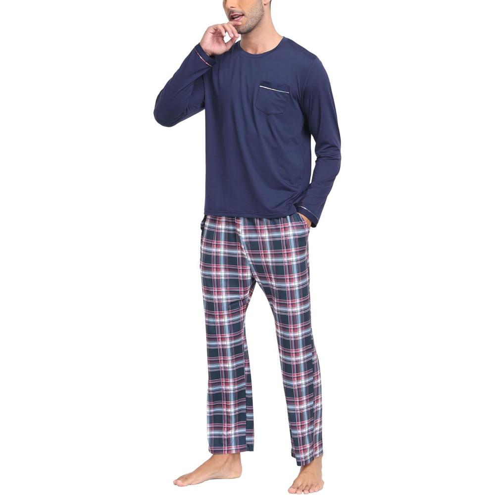 imageMoFiz Mens Plaid Pajama Set Long Sleeve Soft 2Piece Sleepwear with Pockets  Cozy PJs ampamp Loungewear for Holiday Christmas57pink Plaid