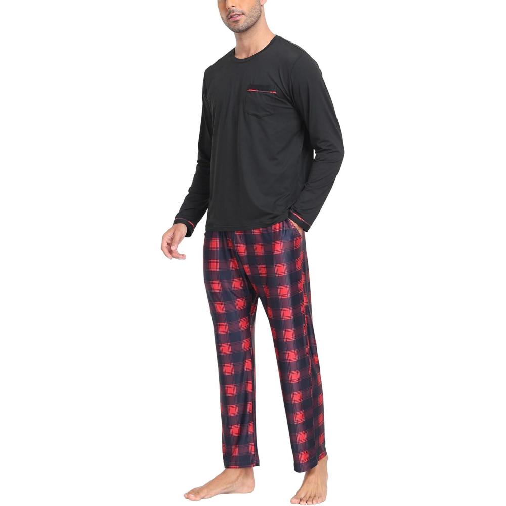 imageMoFiz Mens Plaid Pajama Set Long Sleeve Soft 2Piece Sleepwear with Pockets  Cozy PJs ampamp Loungewear for Holiday Christmas58red Plaid