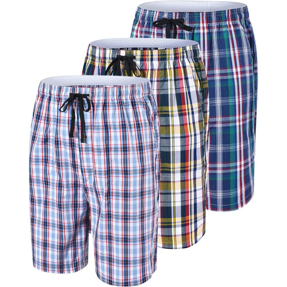 imageMoFiz Mens Plaid Pajama Shorts 3Pack Woven Cotton Sleep ampamp Lounge Shorts Lightweight PJ Bottoms with Pockets ampamp Button Fly3 Packa