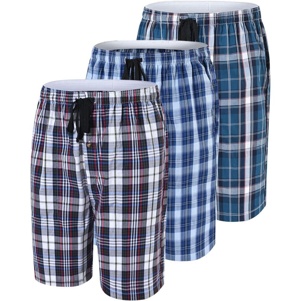 imageMoFiz Mens Plaid Pajama Shorts 3Pack Woven Cotton Sleep ampamp Lounge Shorts Lightweight PJ Bottoms with Pockets ampamp Button Fly3 Packc