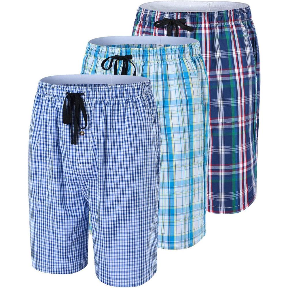 imageMoFiz Mens Plaid Pajama Shorts 3Pack Woven Cotton Sleep ampamp Lounge Shorts Lightweight PJ Bottoms with Pockets ampamp Button Fly3 Packd