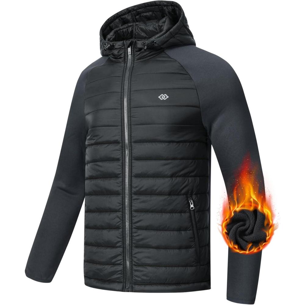 imageMoFiz Mens Running Hybrid Fleece Jackets Lightweight Puffy Hiking Jacket Winter Thermal Full Zip Hood Insulated Jacket CoatAdark Grey