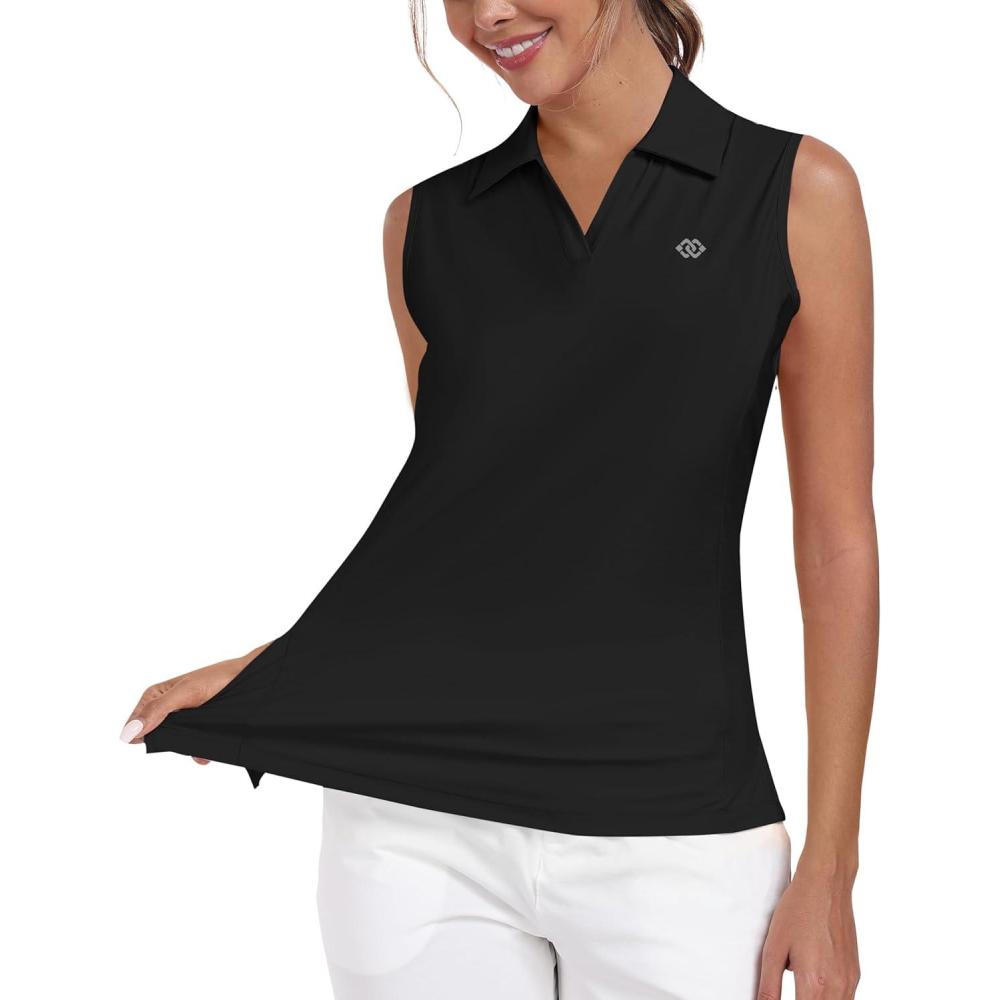 imageMoFiz Women Racerback Sleeveless Golf Polo Shirt VNeck Collarless Tennis Running Tank Tops Quick Dry Athletic Casual2025black