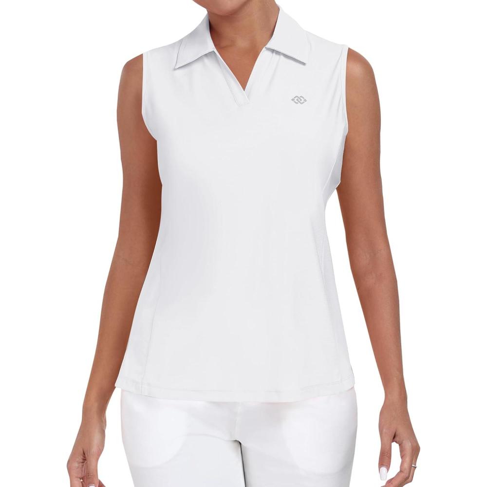 imageMoFiz Women Racerback Sleeveless Golf Polo Shirt VNeck Collarless Tennis Running Tank Tops Quick Dry Athletic Casual2025white