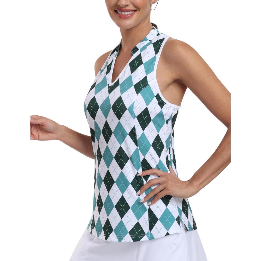 imageMoFiz Women Racerback Sleeveless Golf Polo Shirt VNeck Collarless Tennis Running Tank Tops Quick Dry Athletic CasualAgreen Plaid