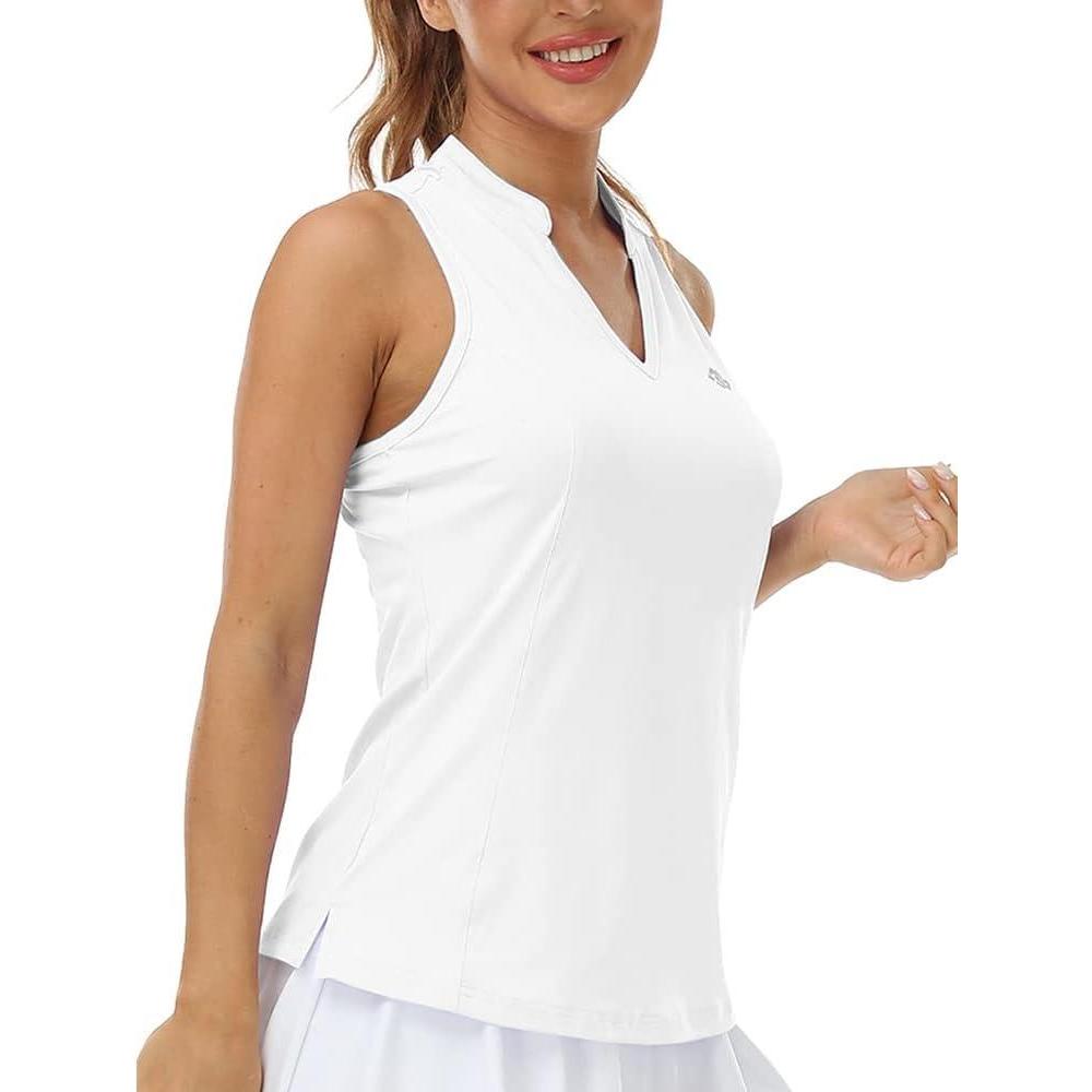 imageMoFiz Women Racerback Sleeveless Golf Polo Shirt VNeck Collarless Tennis Running Tank Tops Quick Dry Athletic CasualAwhite