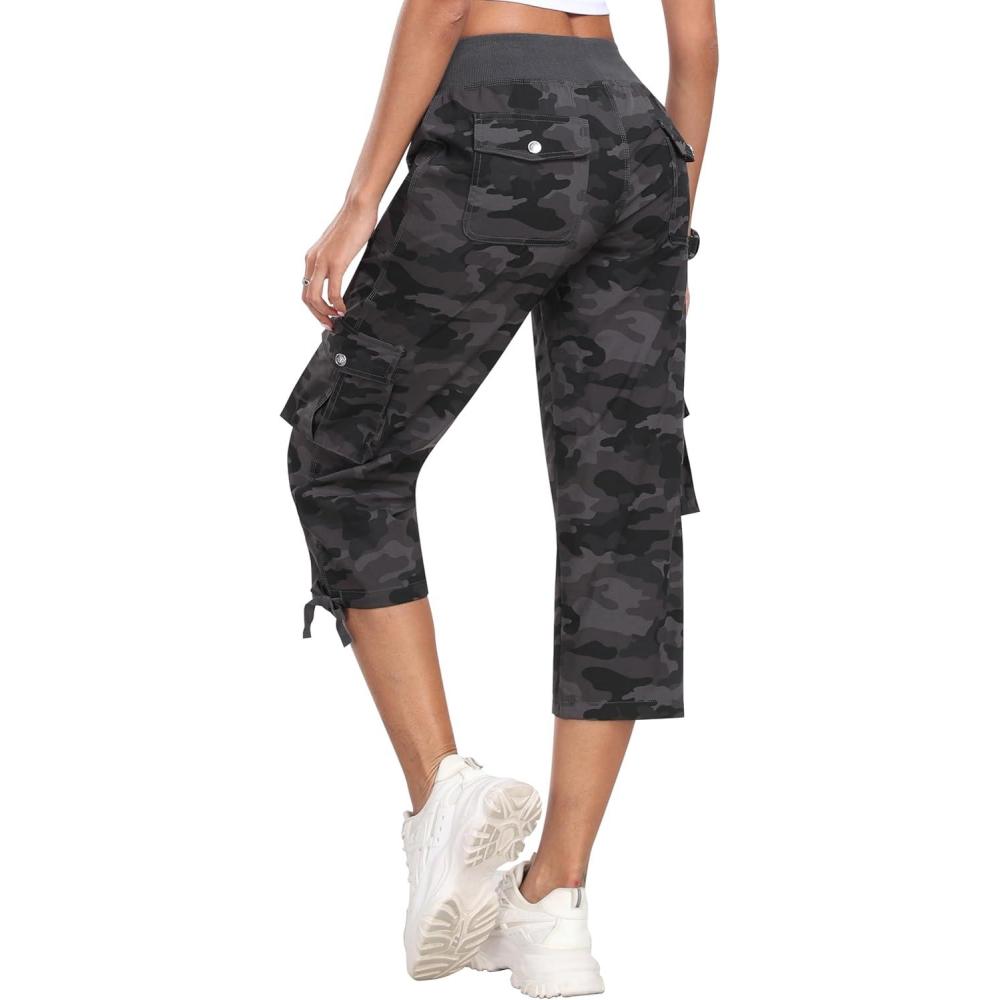 imageMoFiz Womens Cargo Capris Hiking Pants Lightweight Quick Dry Outdoor Athletic Travel Casual Loose Comfy Cute Pockets19camouflage Dark Grey